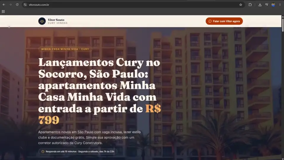 Prévia da landing page: Navegação e seções